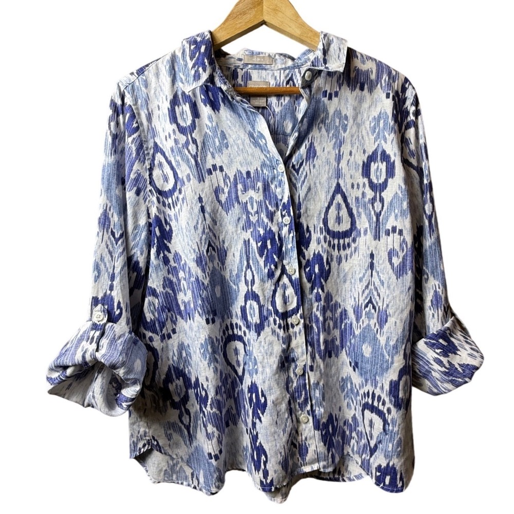 Chico's Womens No Iron Linen Ikat Print Button‎ Down Shirt Blue White Size 3XL